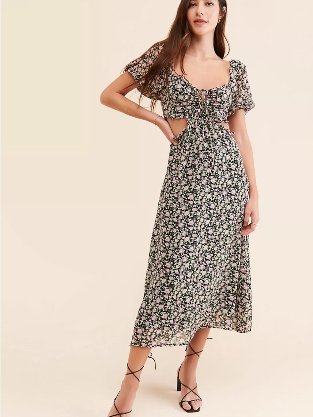 Astr Floral Cutout Midi Dress in Black and Pink